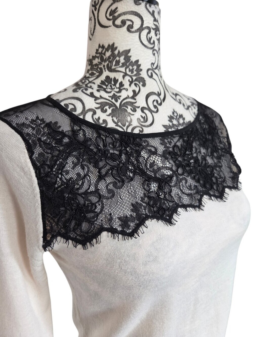 Club Monaco Nelma Lace Sweater Women Small Cream Black Wool - Picture 6 of 9